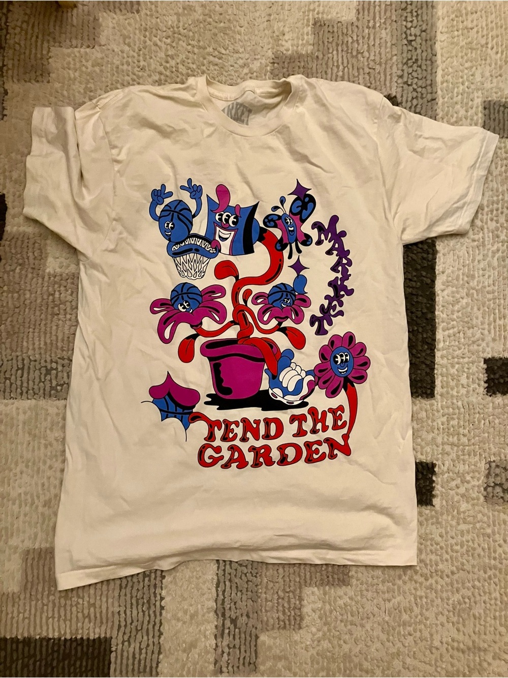 Market Studios L Tend the Garden Flowers Basketball Pink Blue Red Tshirt